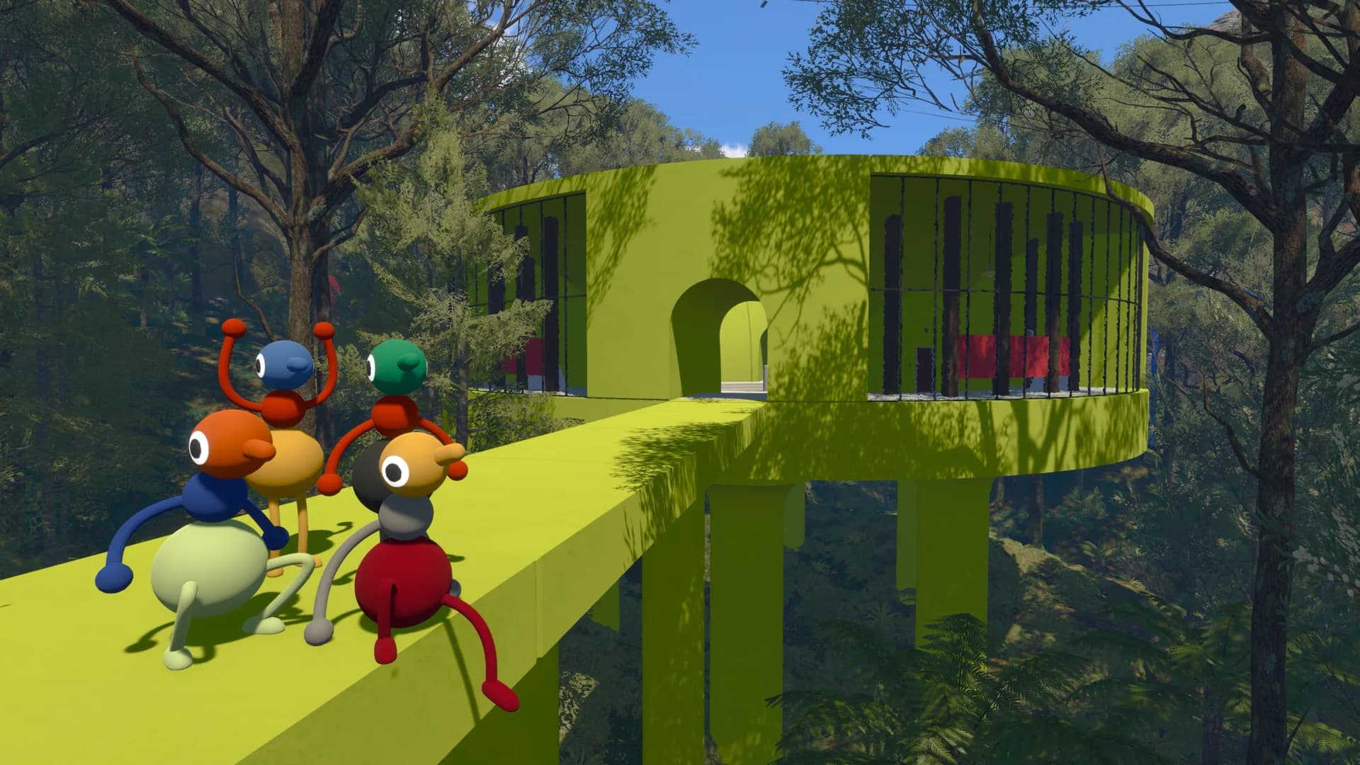 Big Walk characters approaching a green tower in the forest