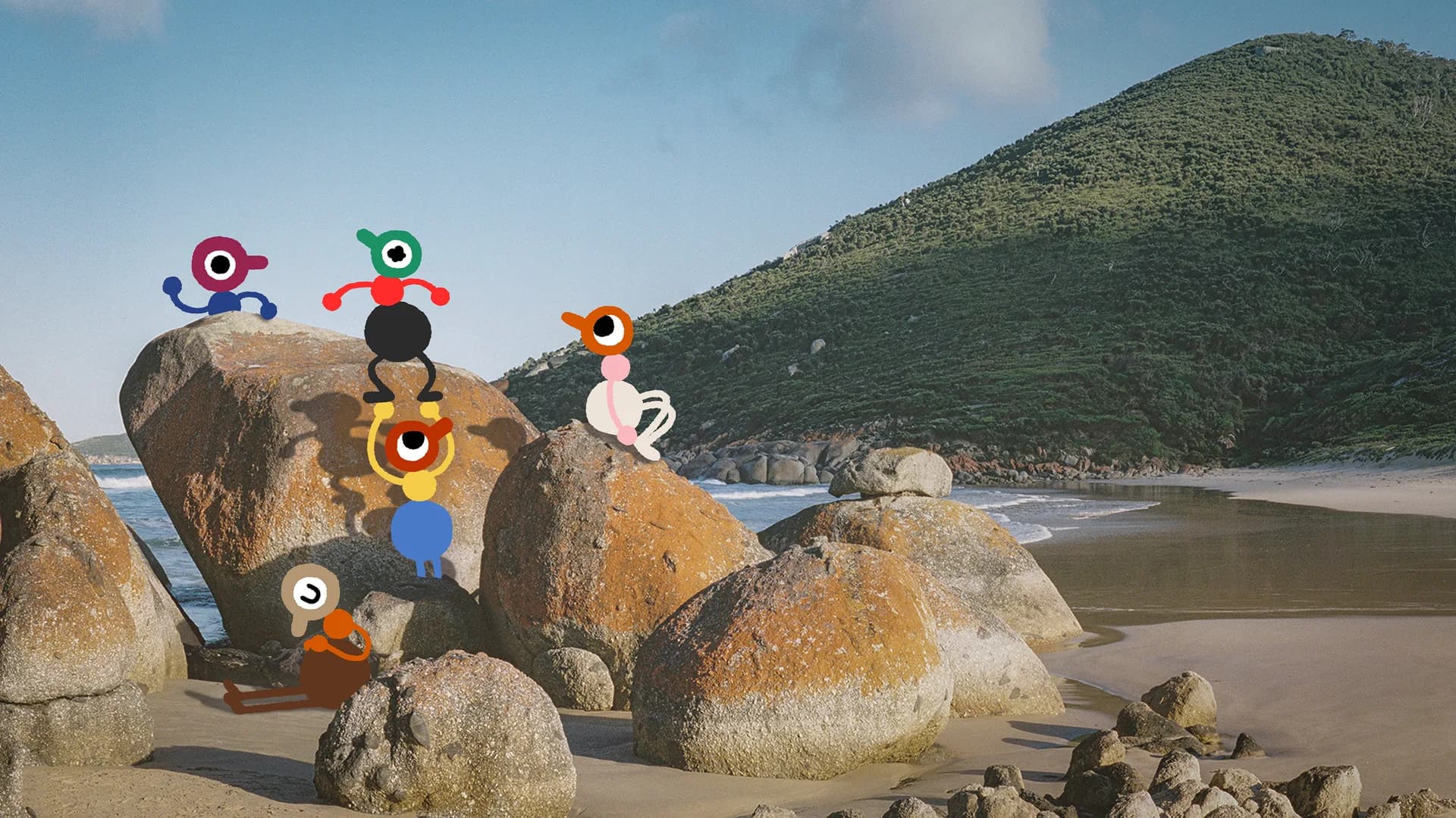 Big Walk characters climbing rocks on a beach