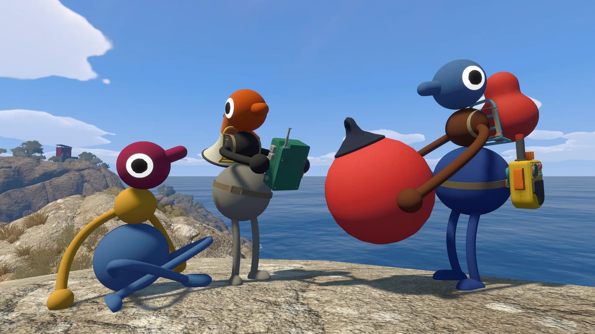 Big Walk characters overlooking the coast with exploration gear
